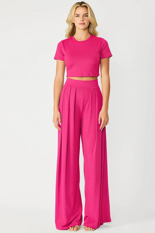 Pleated Wide Leg Pants with Cropped Baby Tee Set