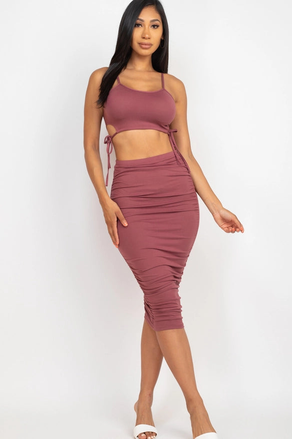 Cut-Out Tie Side Crop Top & Ruched Midi Skirt Set